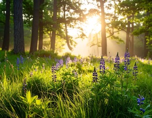 Lush forest meadow at sunrise