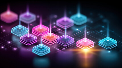 Glowing neon multicolor blockchain network with virtual data nodes and light beams