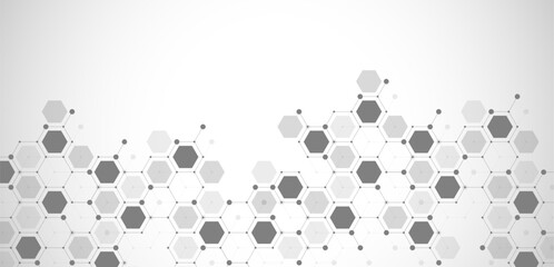 Modern health care or medical background design. Health care innovation concept. Horizontal header web banner. Abstract geometric background with hexagon shapes for medicine, science, chemistry.