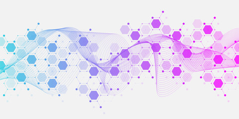 Molecular abstract structure and genetic engineering DNA. Healthcare and medicine background concept. Scientific research background. Wave flow. Innovation pattern. Vector illustration.
