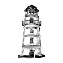 A classic lighthouse tapering upward to a domed lantern room. With arched windows, balcony railing and a sturdy base. Hand drawn vector illustration. Sketch in line art style painted by black ink