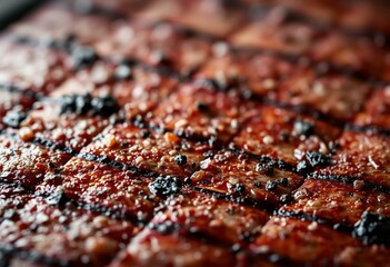 Grilled meat surface with char marks, highlighted texture, and moisture