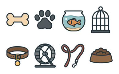 Pet care line icons set – outline, animal and pet accessory symbols for your projects
