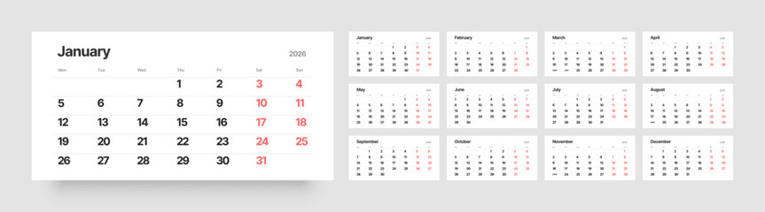 Monthly calendar layout for 2026 year. Quarterly calendar for 2026 year. Week Starts on Monday. 