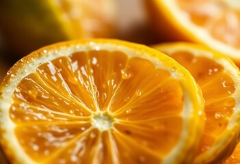 Extreme close-up shot of freshly sliced citrus fruits with intricate surface details and textures