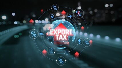 Global Export Tax Concept with Arrows and Percentage Symbols Representing Tariffs in a Modern City Background. Consignment.