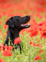 black labrador retriever in a poppy field