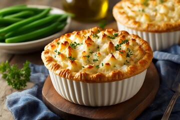 Golden homemade shepherd's pie with creamy mashed potato topping and fresh green beans