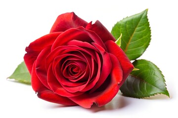 Fototapeta premium Fresh Red Rose with Green Leaves Isolated on White Background