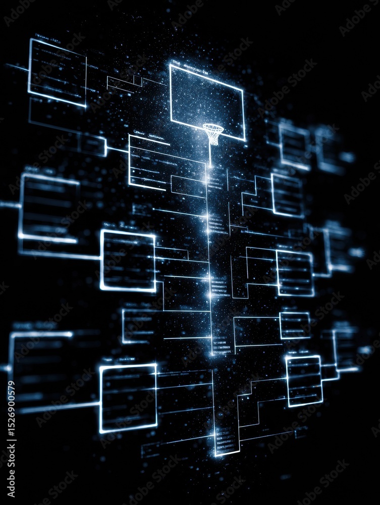 Poster basketball bracket chart glowing in digital cyberspace with floating elements and clean design