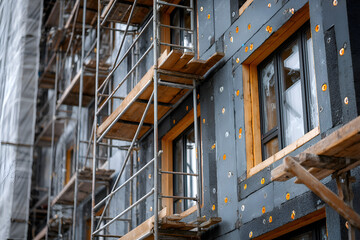 Construction workers installing exterior insulation and scaffolding on building
