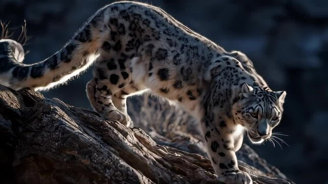 Majestic snow leopard traverses rocky terrain under a dramatic sky A powerful predator in its natural wild habitat