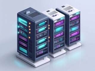 Modern data center with three high-tech server racks