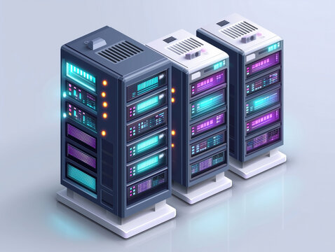 Modern data center with three high-tech server racks - Powered by Adobe