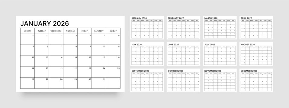 Monthly calendar layout for 2026 year. Diary planner for 2026 year. Week Starts on Monday. 