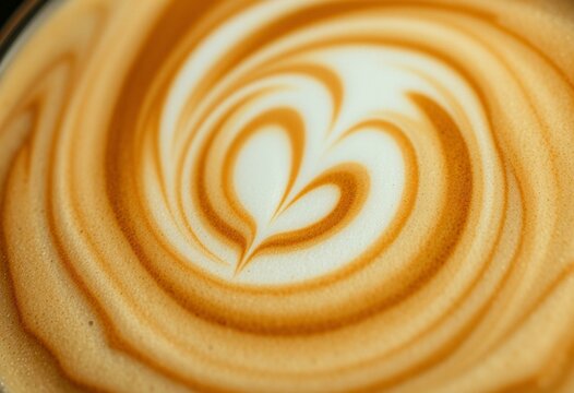 Close-up shot of swirling latte foam art with intricate texture and fine details
