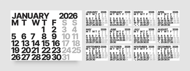 Monthly calendar layout for 2026 year. Minimalistic Diary for 2026 year. Week Starts on Monday. 