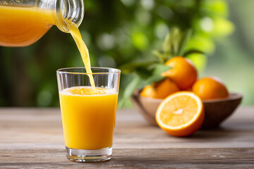 Freshly squeezed orange juice served in glass with fruits nearby