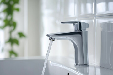 Modern bathroom faucet with running water in brightly lit space