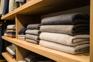 Cozy knitwear displayed on shelves in a clothing store