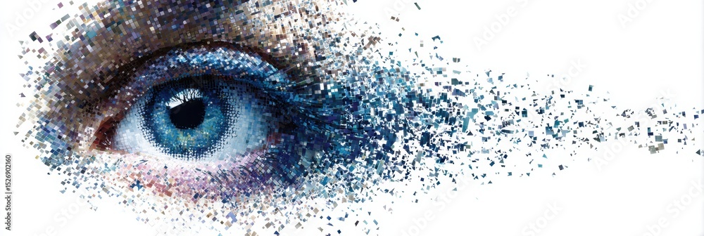 Poster pixelated eye icon dissolving into digital space portrays minimalism and modernity in design