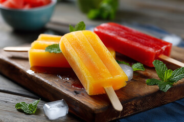 Colorful popsicles on a wooden board with fresh mint leaves