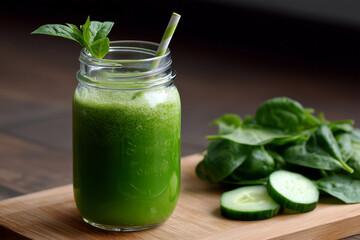 Refreshing green juice with spinach and cucumber on a wooden board
