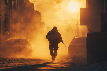 Soldier walks through foggy street at sunset in a combat zone