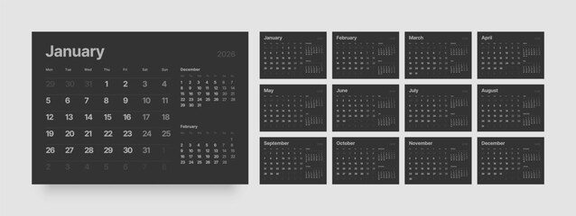 Monthly calendar layout for 2026 year. Diary planner for 2026 year in dark color. Week Starts on Monday. 