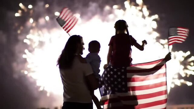 Family watching fireworks together on patriotic holiday evening. Multi-generational family enjoying Fourth of July fireworks display. American flag-waving family bonding during fireworks show.