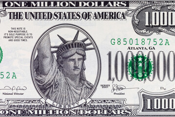 Souvenir banknote 1000000 dollars of the United States of America with the image of the Statue of Liberty. One million dollars. USA money