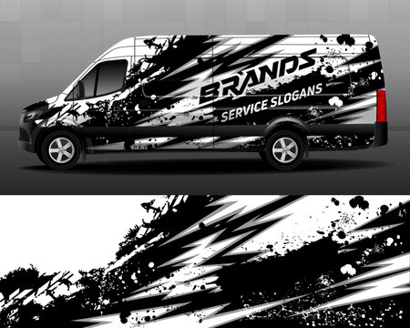 Delivery van vector design. Car branding. Black background with white and gray grunge stripes for car vinyl sticker. Car design development for the company. 