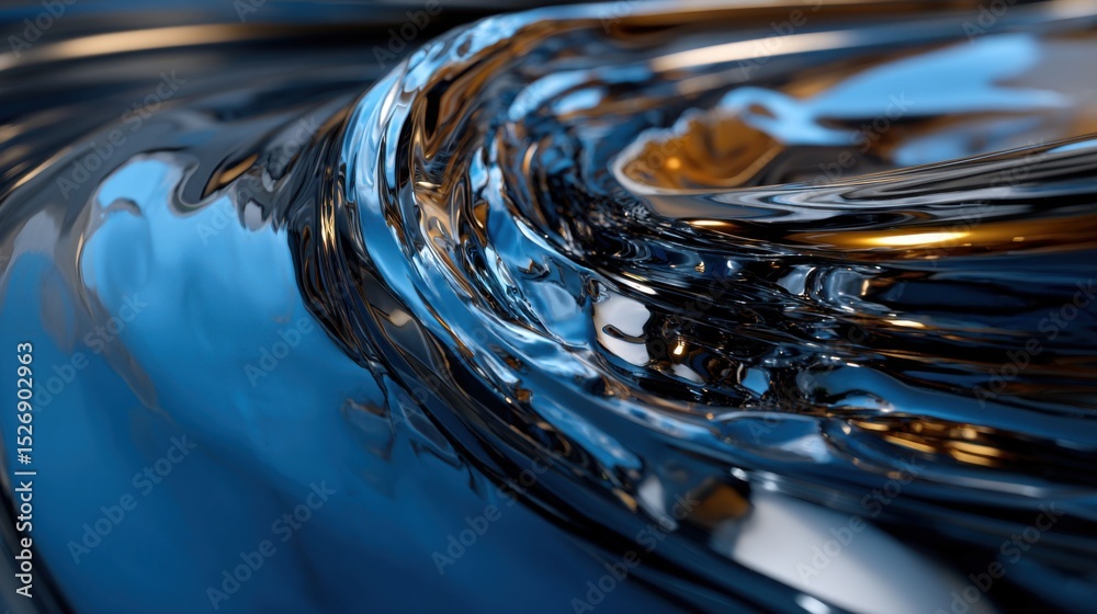Poster the image captures a dynamic swirl of liquid with a smooth surface, reflecting soft blue and gold hu