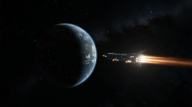 Spacecraft flying away from Earth in dark outer space  