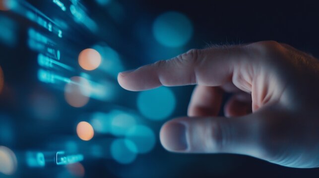 A hand is pointing at a screen with a blue background