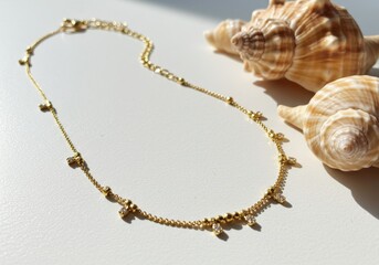 A delicate golden necklace with gems and shells resting on a light table