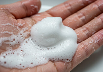 Fototapeta premium Closeup of Creamy Cleansing Foam in Hand Gentle Skincare Texture Rich Lather Luxurious Bubbles