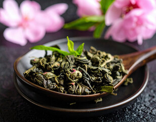Fototapeta premium A dark ceramic plate holds a generous portion of dried green tea leaves, garnished with fresh mint, set beside soft pink flowers on a textured black surface.