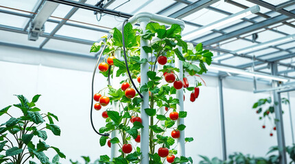 A grand modern futuristic scene, large-scale, featuring a modern vertical hydroponic system with green plants inside PVC pipes, along with a water pump