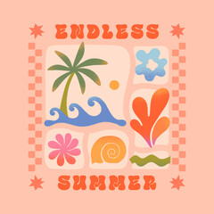 Summer illustration with sea ocean waves,palm,coral,sun,seashell.Groovy boho beach,surf club retro aesthetic.Summer vacation background in simple style.Graphic print for t shirts,covers,branding