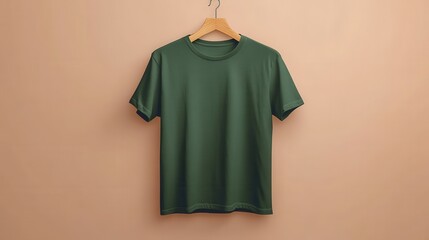 plain green t shirt on hanger. blank t-shirt mockup,huk mockup of a plain DARK green t-shirt, displayed on a hanger against a clean PEACH background.46321