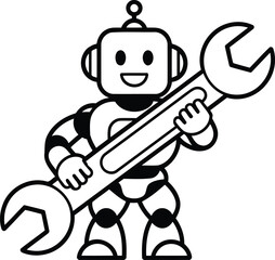 Robot Holding Large Wrench - Silhouette Vector Icon.