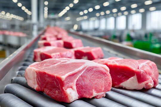 Raw pork cuts on conveyor belt in industrial food processing factory
