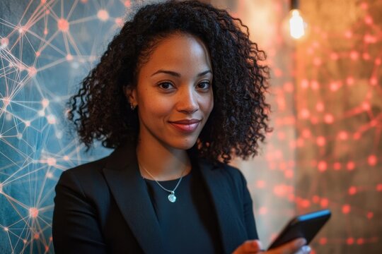 Business professional engages with smartphone in a networked environment, globe with network and icons over biracial businesswoman using smartphone - Powered by Adobe