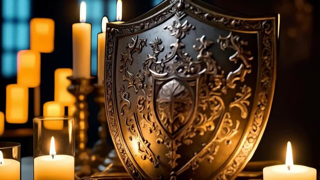 Ornate shield illuminated by candlelight, creating a dramatic, moody scene, suggesting a medieval, fantasy atmosphere with intricate carvings.