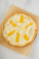 Classic cheese pizza with melted mozzarella and cheddar strips