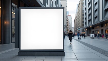 Blank billboard stands on urban street as pedestrians stroll in the city during late afternoon light