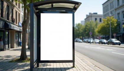 Empty bus stop shelter on a sunny day with clear surroundings and tranquility in the city