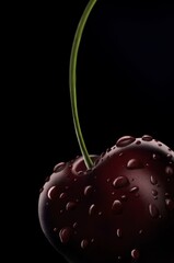  Dark red cherries with water droplets, black background, macro close-up