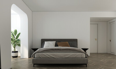 A cozy bedroom with a bed, two nightstands, a plant, and window